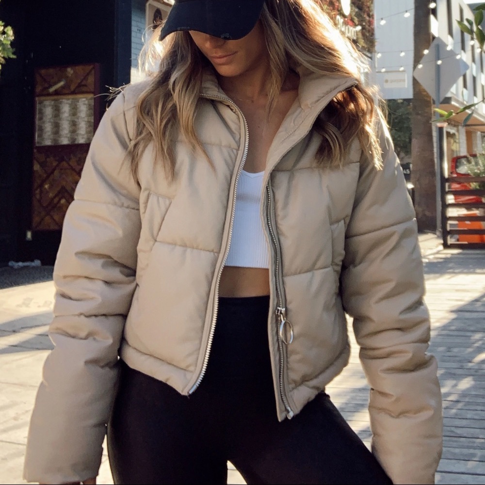 12th Tribe Vegan Leather Cropped Tan Puffer Jacket